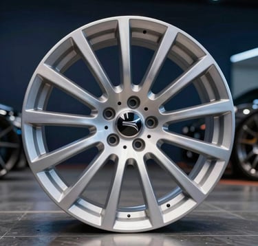 Macrophotography of a luxury wheel rim with a silver finish and the brand logo visible in the center. The background is a dark, out-of-focus showroom with subtle hints of midnight navy blue and muted steel blue reflections on a polished floor.