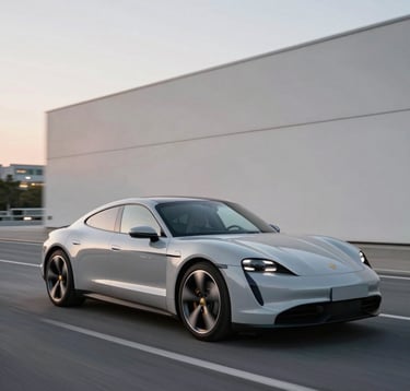 A silver slate Porsche Taycan driving through a minimalist urban environment at dusk. The body of the car reflects the soft pearl white city lights. Cinematic motion blur in the background.