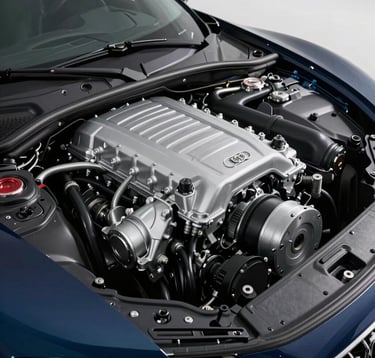 Detailed view of a high-performance engine bay of an Audi R8. Metallic components in silver slate and midnight navy, impeccably clean, highlighted by bright, professional studio lighting.