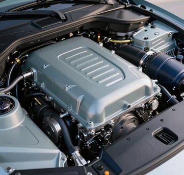 A high-detail photograph of a luxury vehicle's engine bay. The components are immaculately clean, featuring Misty Slate metallic textures and Midnight Navy accents. The lighting is crisp and clinical, emphasizing precision engineering.