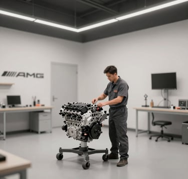 Clean, ultra-modern workshop bay with high-key lighting. An AMG engine being inspected by a technician in professional attire. Minimalist, premium aesthetic in #1A1A1A and #F8F5F0.