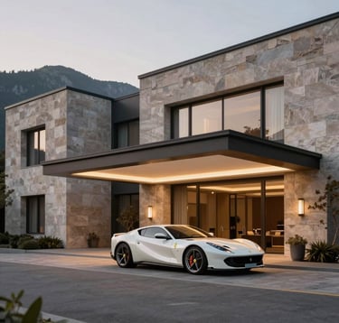 An elegant, low-profile luxury hotel entrance in the mountains. A Ferrari 812 is parked elegantly in front of minimalist stone architecture. Soft twilight lighting with #B2A292 and #F8F5F0 tones.