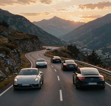 A formation of five prestige cars driving through the winding mountain roads of the Pyrenees at sunset. Wide cinematic shot, golden hour light, reflecting #F8F5F0 and #5C5046 tones.