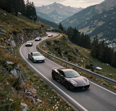Aerial shot of a caravan of luxury cars (Ferrari, BMW M) driving through a scenic European mountain pass. Sophisticated, high-performance vibe with a palette of #5C5046 and deep blacks. High-end lifestyle photography.