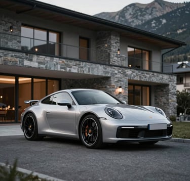 A stunning silver Porsche 911 parked in front of a modern architectural villa in Andorra. Soft evening lighting with #B2A292 tones in the stone and #1A1A1A in the shadows. Exclusive and high-end look.