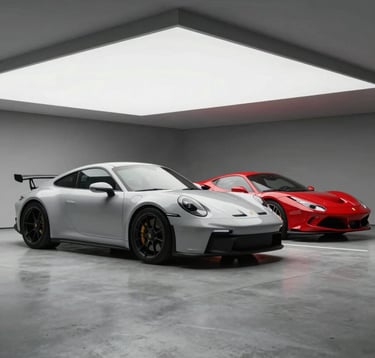Front profile of a Porsche 911 GT3 and a Ferrari F8 in a minimalist, architectural garage with smooth concrete floors. Clean lines, soft overhead lighting, embodying a high-performance luxury vibe.