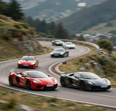 A formation of supercars navigating a scenic hairpin turn in the Pyrenees. High-speed cinematic motion blur, premium automotive lifestyle photography, featuring #5C5046 and #1A1A1A tones.