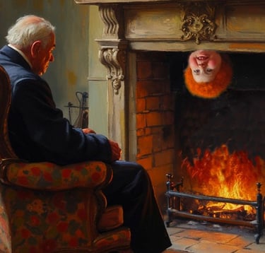 The head of the genie appears upside down hanging from within the fireplace.