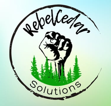 RebelCedar Solutions Logo; italicized lettering with a rebellious fist and some trees