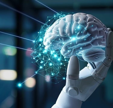 Robotic hand holding a digital brain, symbolizing AI as a creative partner.