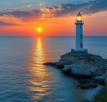 Lighthouse at sunset, symbolizing steady guidance and leadership.