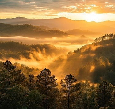 Sunrise over misty mountains, symbolizing youth, inspiration, and limitless potential.