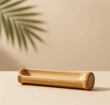 High-end photography of a minimalist, luxurious handcrafted bamboo object. The object sits on a soft ivory surface. In the background, a soft shadow of a tropical leaf is cast against a warm beige wall. Tranquil and premium mood.