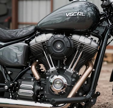 A close-up, artistic shot of a motorcycle engine's metallic details and leather saddlebags, reflecting a professional and edgy storytelling vibe. The color palette is dominated by graphite and silver grey, set in a rugged outdoor Global / Western garage environment.