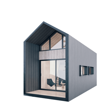 a small house with a large glass door and a patio