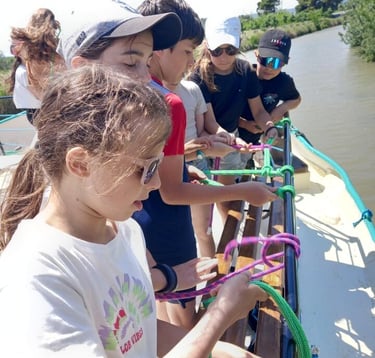 élèves s'initiant aux nœuds marins, un atelier proposé aux classes de découverte