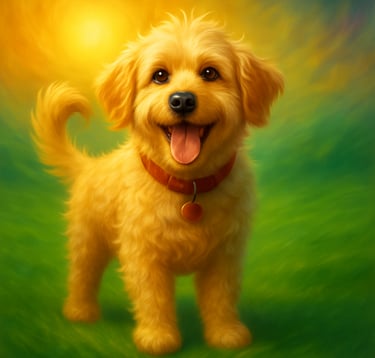 a dog is standing in the grass with a sun shining behind it