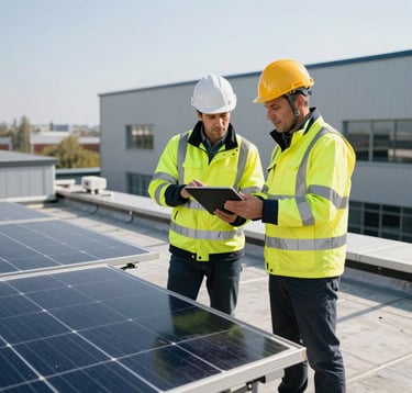 Italian engineers wearing high-visibility jackets and hardhats discussing solar panel placement using a tablet on top of a commercial building rooftop under bright daylight.
