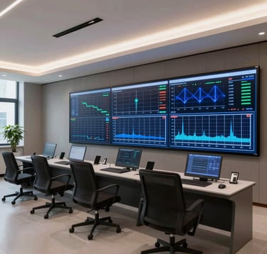 Modern interior of an energy management control room with sleek digital screens showing real-time solar performance metrics and electric blue telemetry graphs in an Italian corporate headquarters.