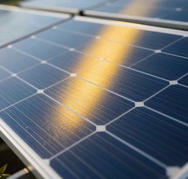 Macro shot of modern monocrystalline photovoltaic panel grid surface reflecting electric blue and solar yellow light, bright clean industrial aesthetic, crisp focus.