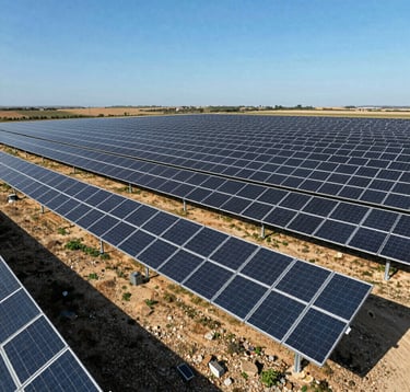 Aerial view of a clean, modern solar park array in Southern European landscape, dark slate panel rows, bright solar sunlight, electric blue sky.