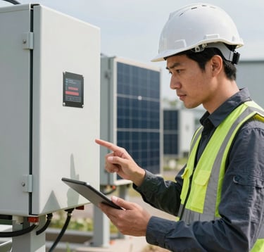 Italian engineer in hardhat analyzing industrial solar inverter system on a tablet outdoors, high-tech B2B environment, clean natural lighting.