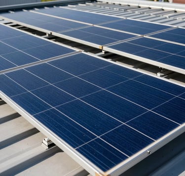 Close-up detail of high-efficiency photovoltaic solar panels mounted on an Italian factory roof, deep electric blue silicon surfaces, bright sunny daylight.