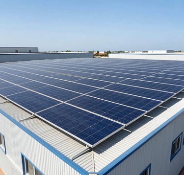 Clean photography of a large photovoltaic installation on the roof of an Italian commercial warehouse. Direct bright daylight reflections on deep blue solar panels against a clear Mediterranean sky.