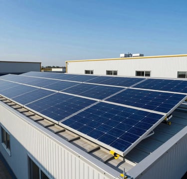 Photovoltaic solar installation on an industrial roof in Northern Italy, under clear blue sky, high-efficiency blue panel surface, solar yellow accents, slick corporate photography style.