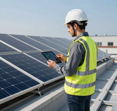 An Italian engineer wearing a safety helmet and high-visibility vest standing on a commercial roof alongside sleek photovoltaic solar panels, holding a digital tablet with energy metrics under clear daylight.