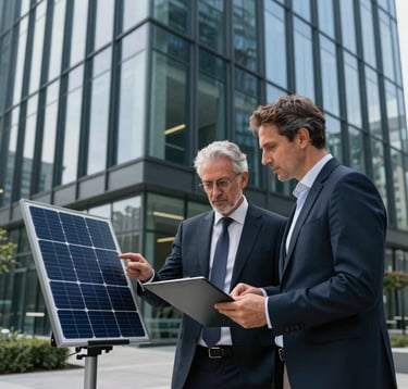 Two Italian corporate energy consultants reviewing digital solar performance charts outside a sleek dark glass office building during daytime, professional business attire, high credibility focus.