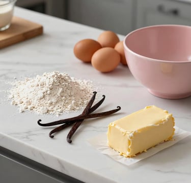 An elegant photography flat lay of premium baking ingredients in a modern Western European kitchen, including organic flour dusted on a white marble counter, organic brown eggs, real vanilla bean pods, and rich yellow butter next to a dusty rose pink mixing bowl, romantic soft lighting, professional artisanal styling.