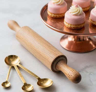 A high-end, detailed close-up photography of professional baking tools in a chic North American patisserie. A classic French wooden rolling pin, elegant brass measuring spoons, and a sleek copper cake stand holding a beautifully decorated pastel pink miniature cake with cream frosting. Soft glowing light, elegant editorial composition.