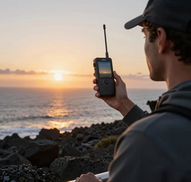 A local resident in the Azores enjoying a sunset by the ocean, holding a high-tech portable digital radio with a screen, volcanic rock landscape, warm golden lighting, professional photography, European Atlantic / Insular.