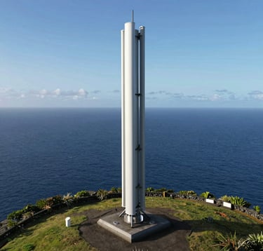 A sleek, modern digital radio transmitter mast standing on a grassy clifftop in the Azores, the vast Atlantic ocean stretching to the horizon under a clear sky, clean architectural lines, professional photography, European Atlantic / Insular.