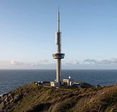 A sleek, modern communications tower standing tall on a grassy European Atlantic / Insular cliffside, with the vast ocean in the background under a soft blue sky with light clouds.