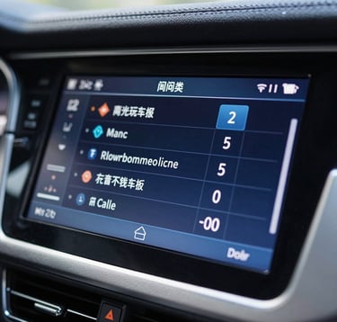 A macro photography shot of a sleek digital car radio display showing high-resolution station information and metadata. The atmosphere is clean and high-tech. European Atlantic / Insular context. Colors: dark blue, light blue, silver.