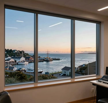 An interior photography of a state-of-the-art radio studio with large glass windows offering a stunning view of a coastal Atlantic harbor at sunset. European Atlantic / Insular vibe. Colors: medium blue, amber, off-white.