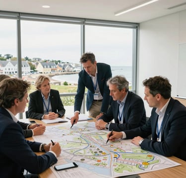 A professional meeting in a bright room with views of a European Atlantic coastal town, where experts are looking at maps and planning infrastructure, atmosphere of innovation and collaboration.