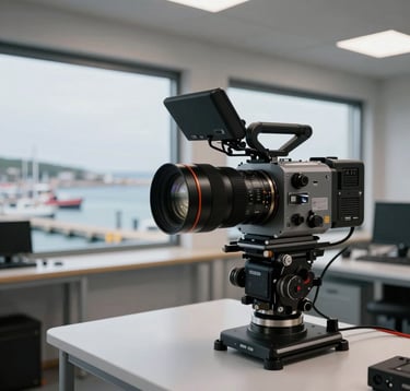 Detailed photography of professional broadcasting equipment with clean, modern design inside a tech facility in the European Atlantic / Insular region, looking through a window toward a coastal harbor.