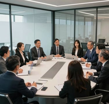 A wide shot of a group of corporate professionals in a sleek, glass-walled meeting room in North America. They are engaged in a collaborative learning session, reflecting a premium and motivational atmosphere.