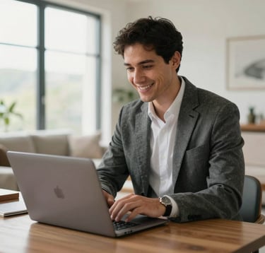 A professional-looking person in business casual attire smiling while looking at a laptop in a bright, modern living space with large windows and clean decor. Sophisticated, warm, and professional vibe in a US setting.