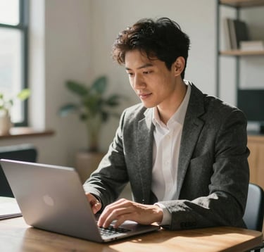 Professional medium shot of an adult student in business-casual attire, sitting in a sunlit modern apartment in the US, focusing on a laptop screen with a warm, engaged expression.