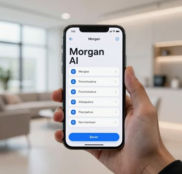 A high-end smartphone display showing the Morgan AI app interface with clean typography and corporate blue accents. The phone is held by a professional person in a brightly lit, modern North American interior.