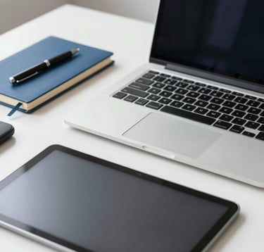 Close-up photography of a workspace with a high-end laptop and a digital tablet on a white desk in a North America / US office. A corporate blue notebook and pen rest nearby in a clean, bright, professional setting.