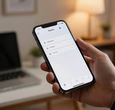 Detail shot of a professional hand holding a modern smartphone displaying a clean app interface. In the background, a blurred, elegant home office setting in the US with warm, motivating evening light.