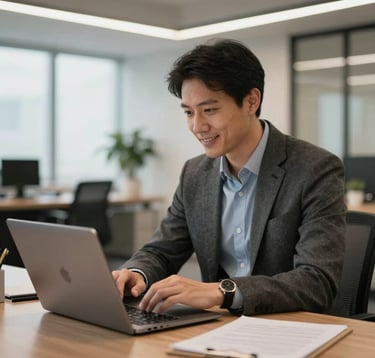 A professional mentor in a modern North American office setting, looking warmly at a laptop screen while conducting a personalized English session. The environment is clean, spacious, and sophisticated with warm lighting.