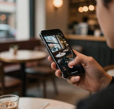 A side view of a person in a sophisticated urban cafe in North America / US, using a sleek smartphone with high focus on the screen. The lighting is warm and natural, reflecting a modern and premium lifestyle.