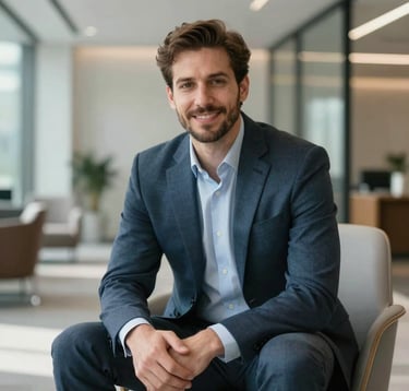 A business professional dressed in smart-casual attire sitting in a bright, modern corporate environment in North America / US. They are looking directly at the camera with a confident, satisfied expression, surrounded by premium architecture.
