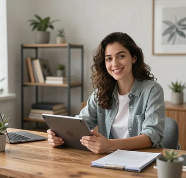An elegant home office setting in North America / US, featuring a wooden desk and modern decor. A professional student is seen smiling at the camera, holding a tablet, radiating confidence and success in their learning journey.